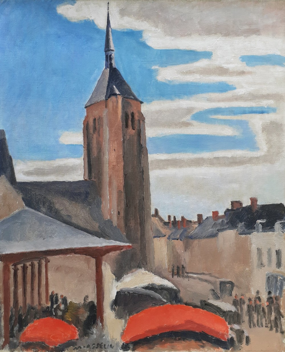 Market Day, Camden town group futurist modernist composition, French antique oil on canvas
