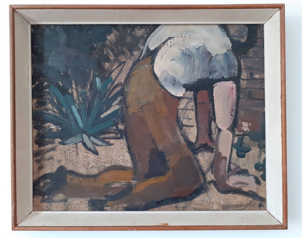 Down to earth:  the soil. gardening scene and marine landscape double sided mystery modernist painting View II