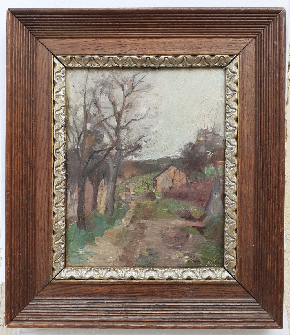 Figure on a country path, winter 1912 virtuoso mystery French landscape oil on board View II