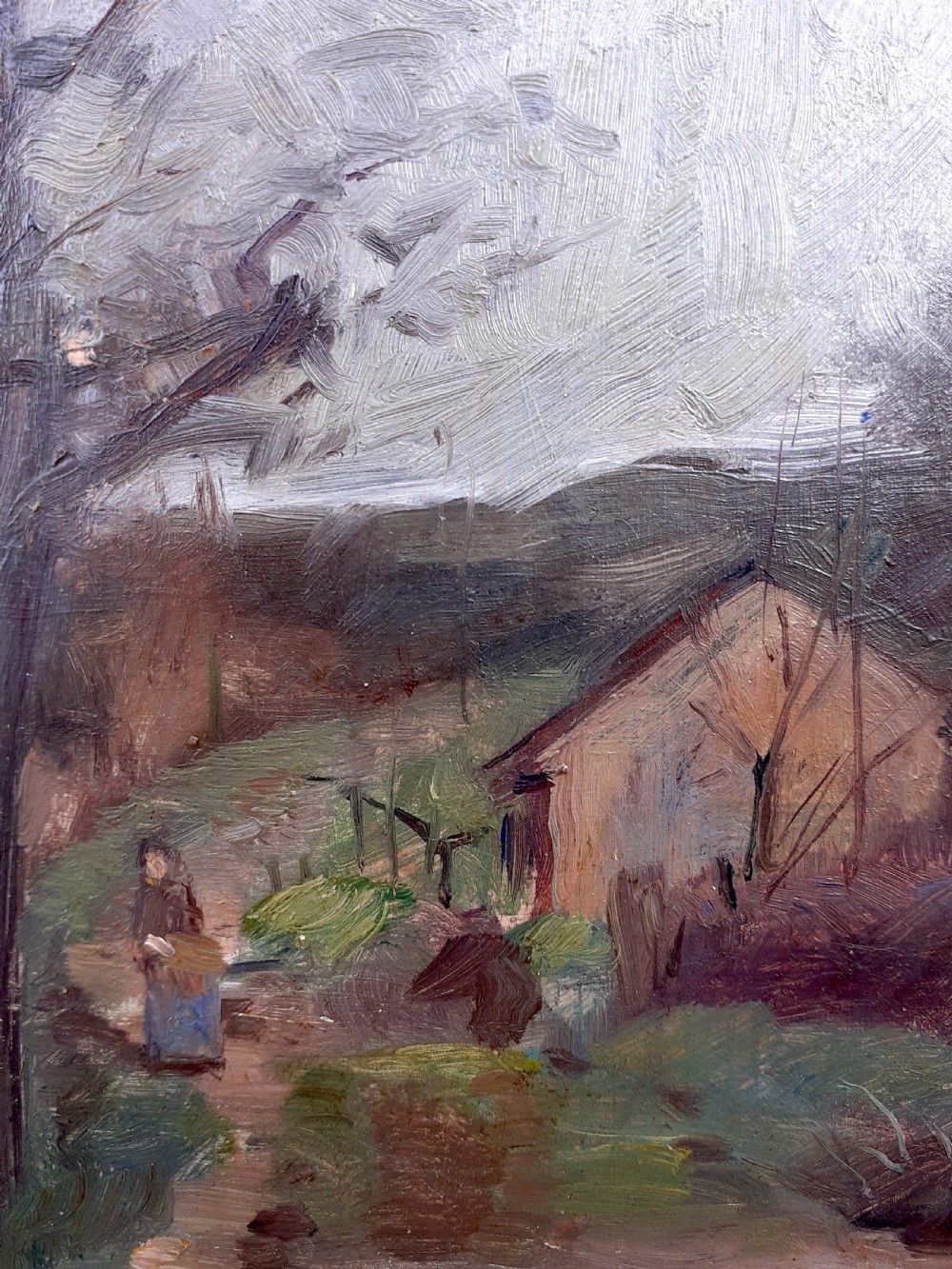 Figure on a country path, winter 1912 virtuoso mystery French landscape oil on board View III