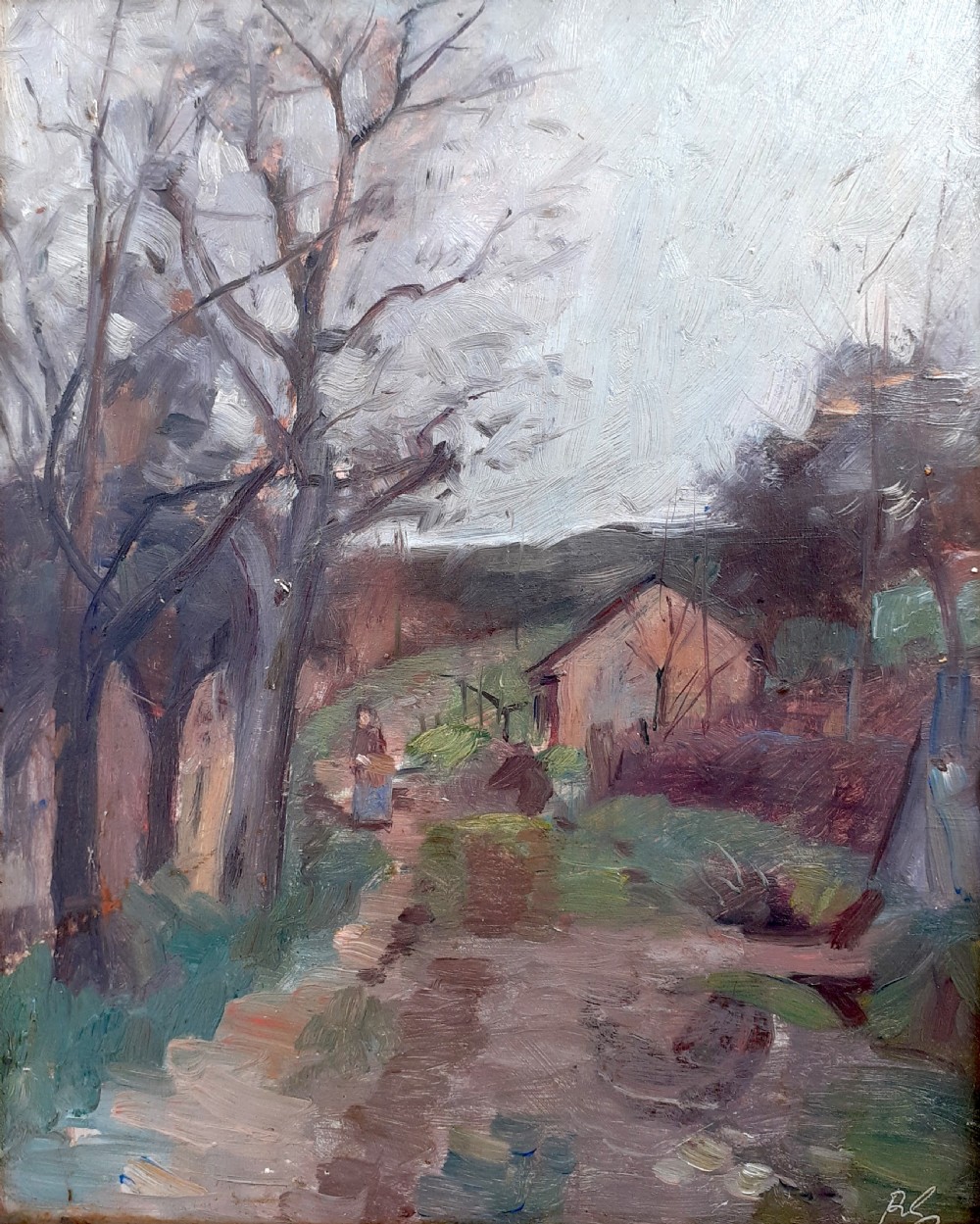 Figure on a country path, winter 1912 virtuoso mystery French landscape oil on board View VI