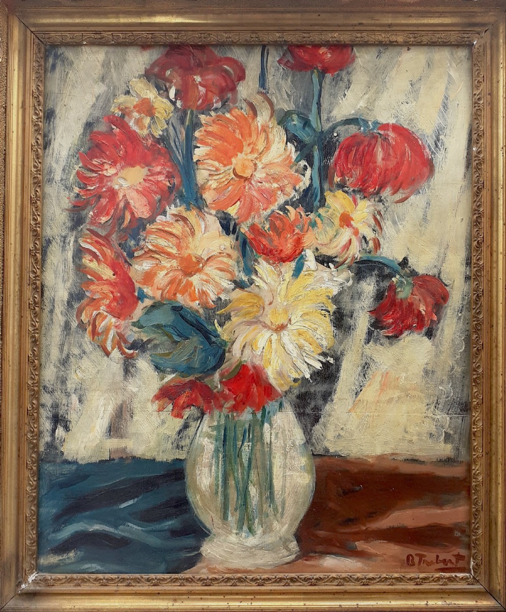 Flowers, vibrant, sunny floral still life 1930s antique oil on board by French Italian Bertoldo Taubert View II