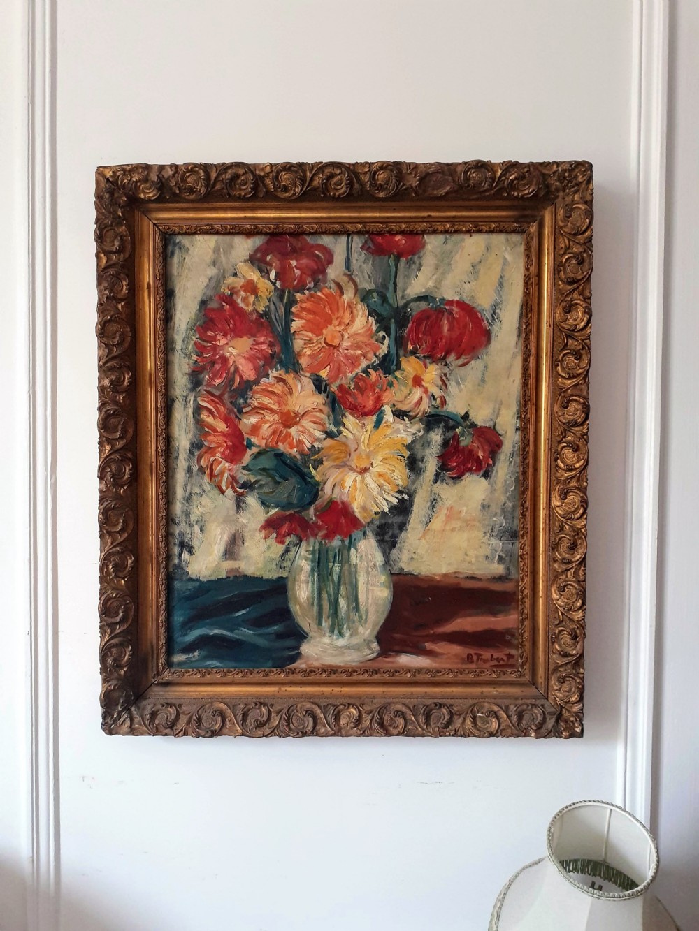 Flowers, vibrant, sunny floral still life 1930s antique oil on board by French Italian Bertoldo Taubert View III
