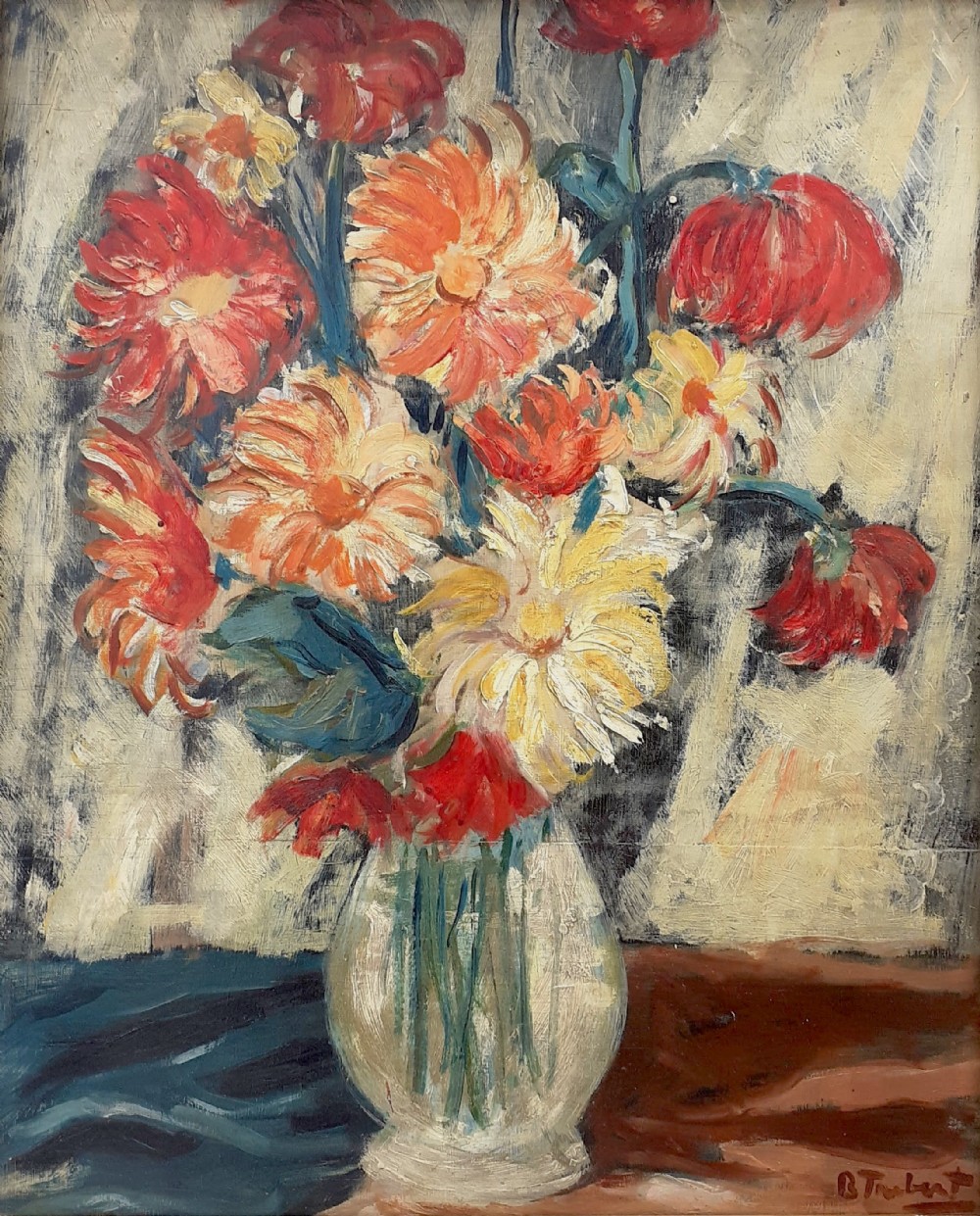 Flowers, vibrant, sunny floral still life 1930s antique oil on board by French Italian Bertoldo Taubert