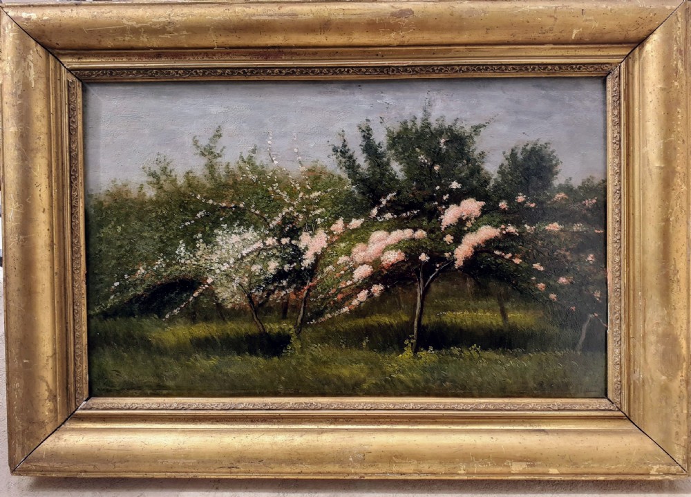 The orchard, trees in bloom antique French art nouveau period oil on panel landscape View II