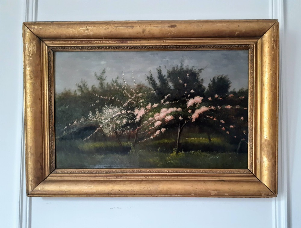 The orchard, trees in bloom antique French art nouveau period oil on panel landscape View III