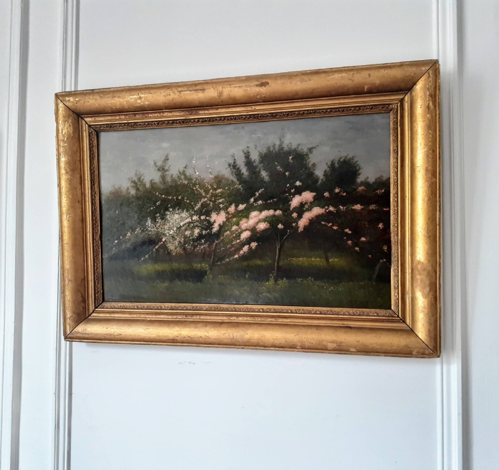 The orchard, trees in bloom antique French art nouveau period oil on panel landscape View V