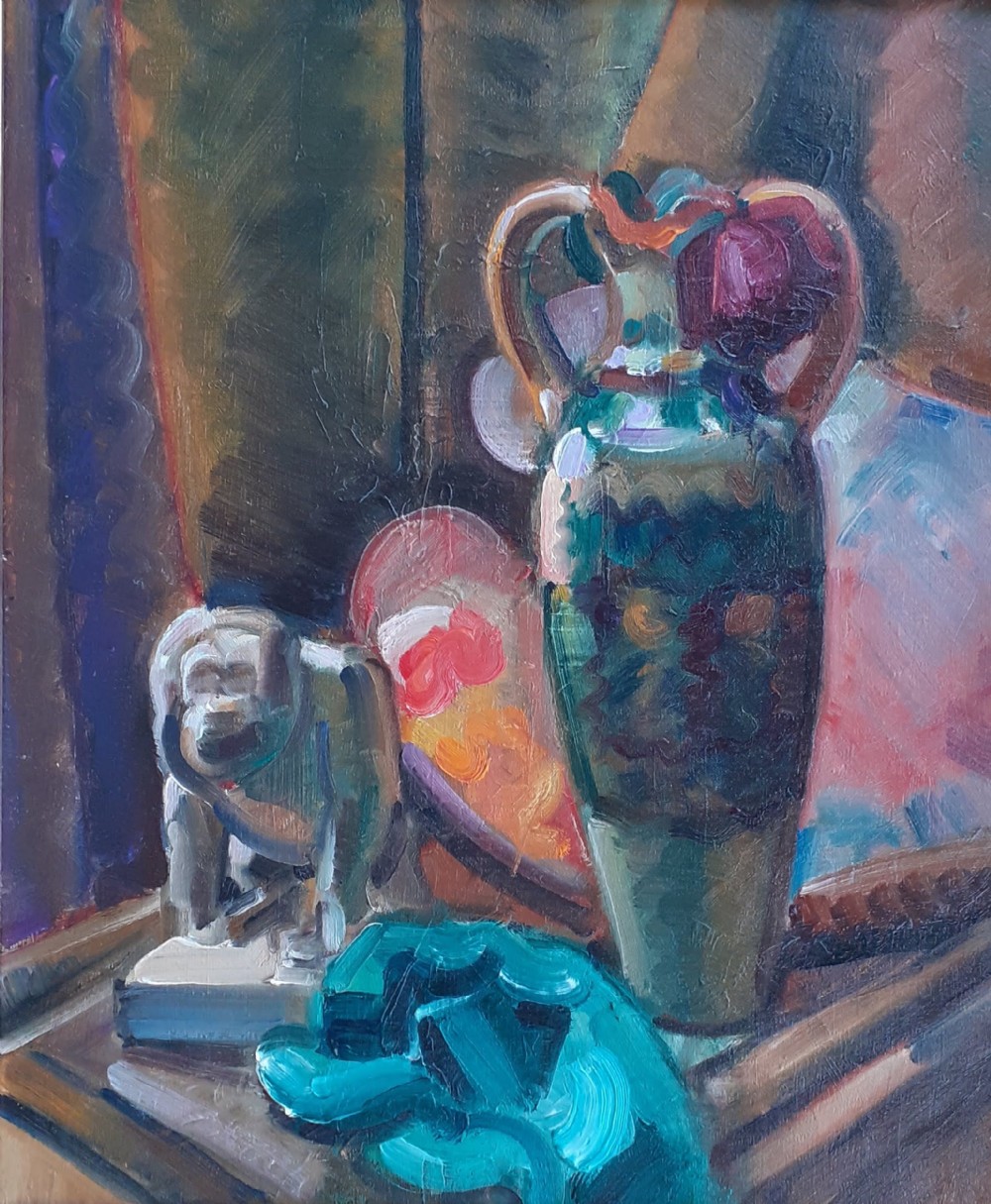 Amphora and artist's palette: French fauve still life in jewel colours oil on canvas