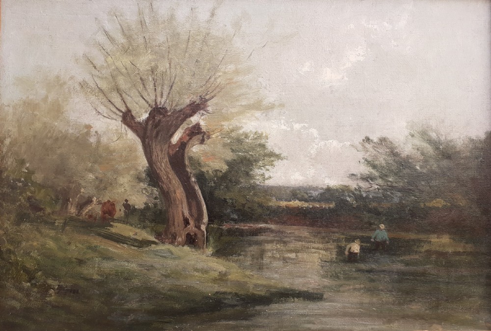 A 19th-century oil painting on canvas depicting a muted pastoral landscape with a large pollarded willow tree beside a river where figures wade.