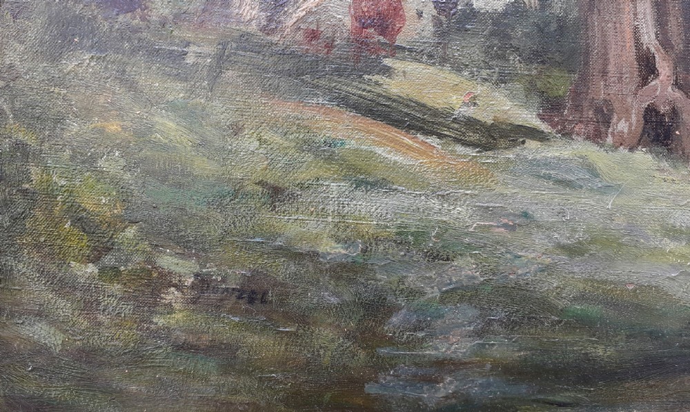 A 19th-century oil painting on canvas depicting a muted pastoral landscape with a large pollarded willow tree beside a river where figures wade. View III