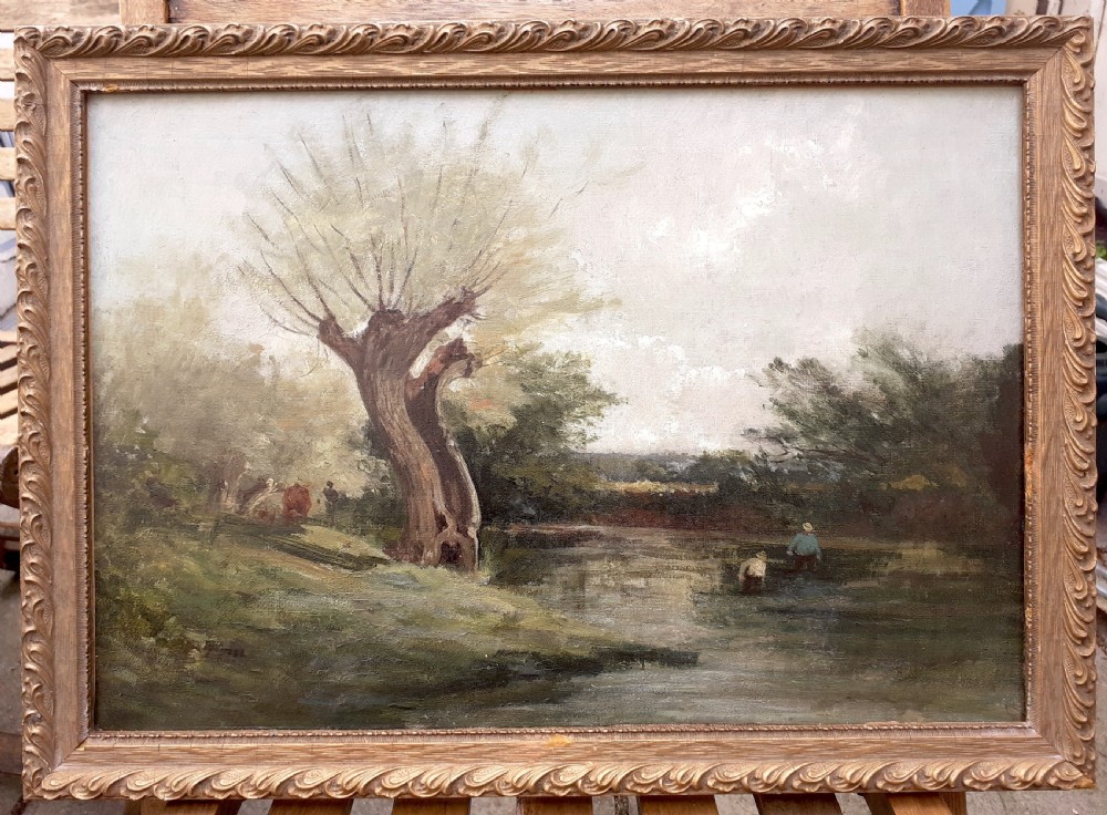 A 19th-century oil painting on canvas depicting a muted pastoral landscape with a large pollarded willow tree beside a river where figures wade. View IV