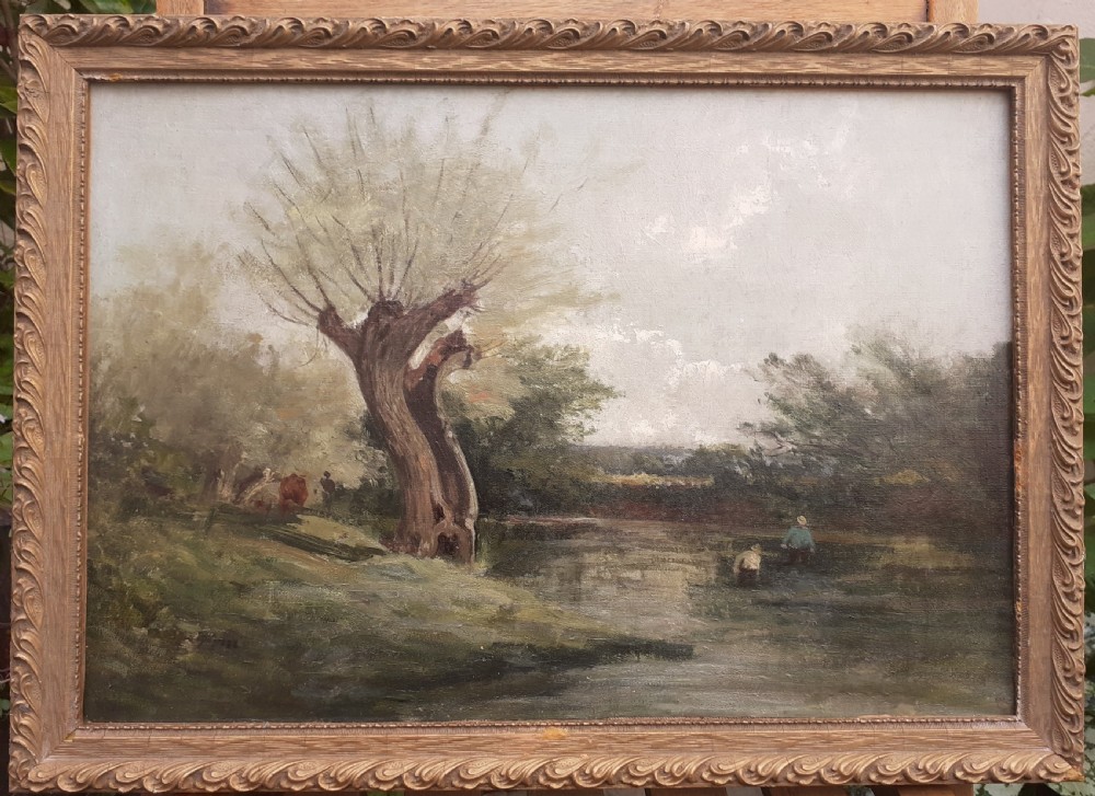 A 19th-century oil painting on canvas depicting a muted pastoral landscape with a large pollarded willow tree beside a river where figures wade. View V