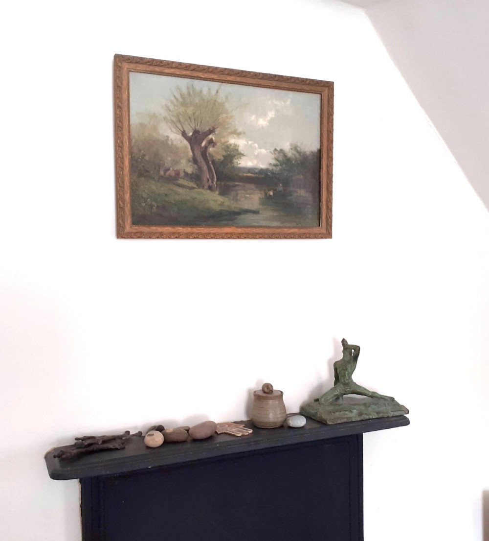A 19th-century oil painting on canvas depicting a muted pastoral landscape with a large pollarded willow tree beside a river where figures wade. View VI