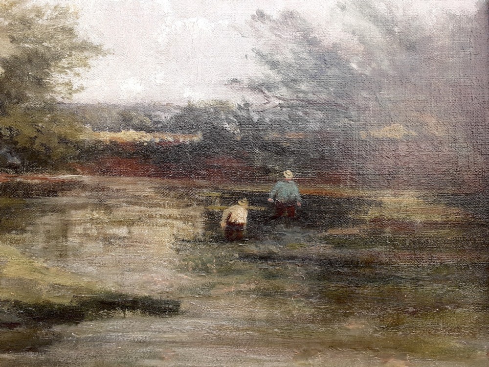 A 19th-century oil painting on canvas depicting a muted pastoral landscape with a large pollarded willow tree beside a river where figures wade. View VII