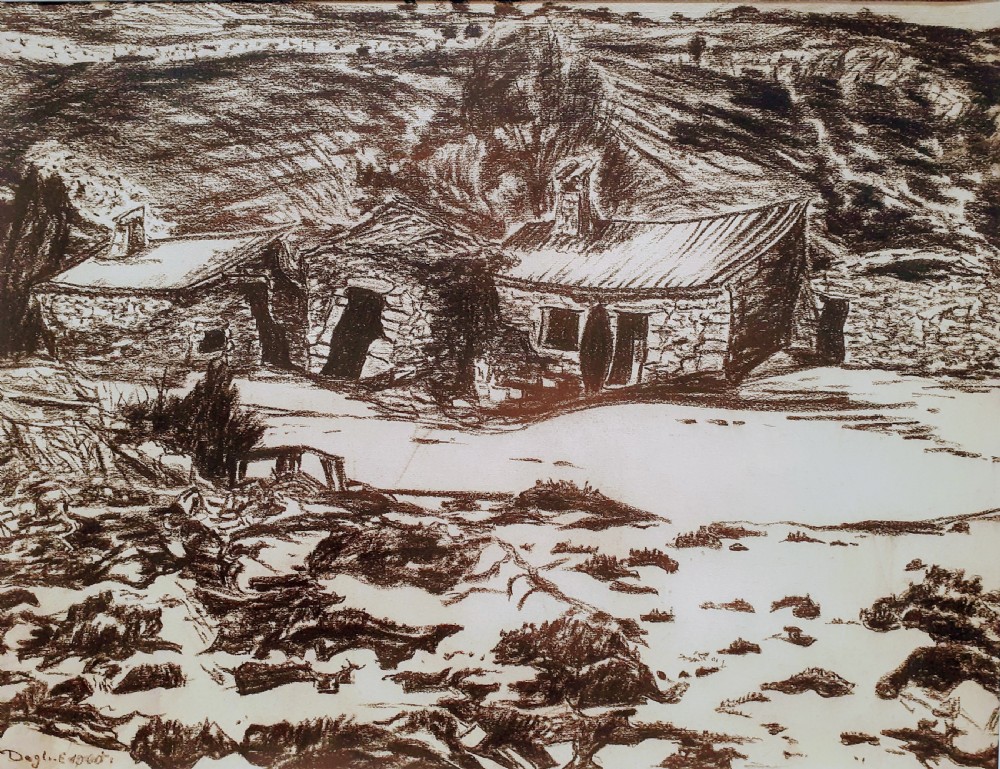 A charcoal sketch depicting stone farmhouses and trees set against a wind-swept hill in Provence.
