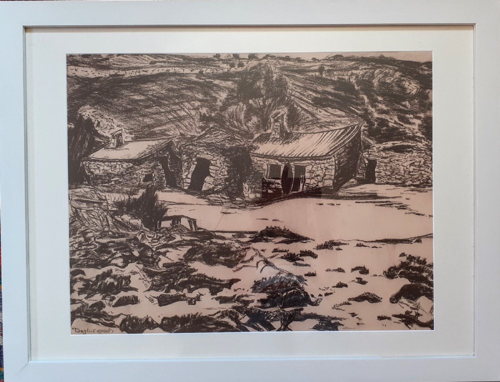 A charcoal sketch depicting stone farmhouses and trees set against a wind-swept hill in Provence. View II