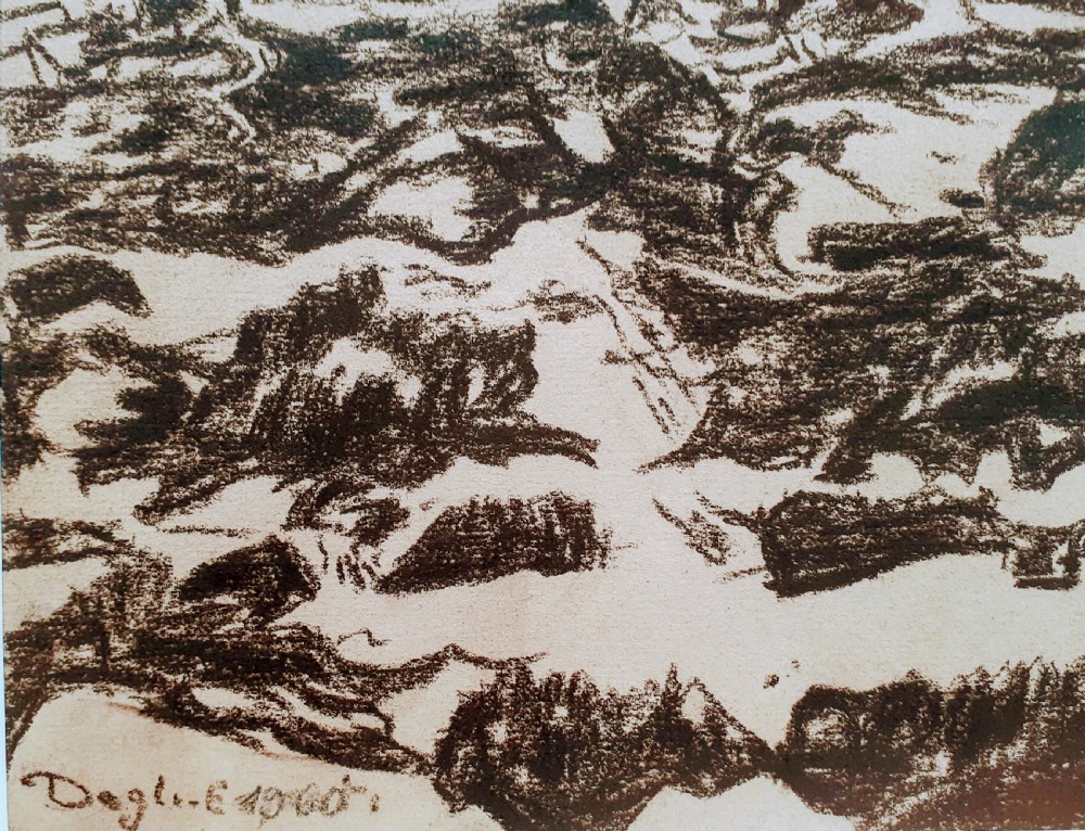 A charcoal sketch depicting stone farmhouses and trees set against a wind-swept hill in Provence. View IV