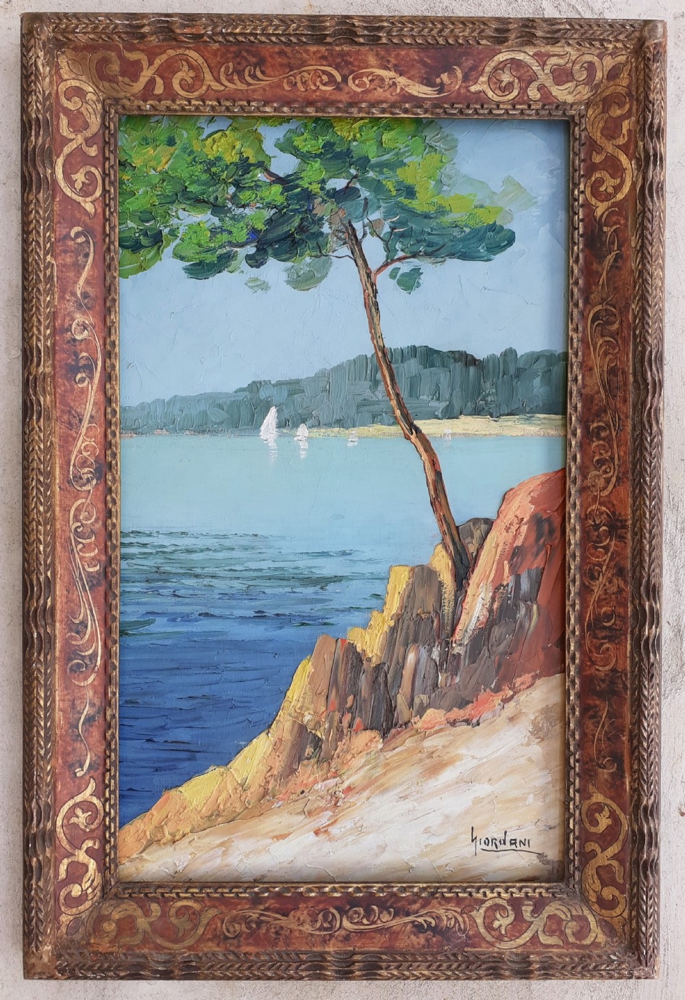 Cote d'Azur coast, Calanques, Pine tree and boats, circa 1920, southern French Riviera oil on board