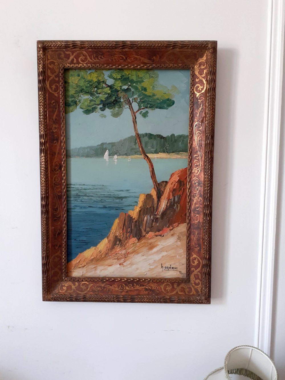 Cote d'Azur coast, Calanques, Pine tree and boats, circa 1920, southern French Riviera oil on board View X