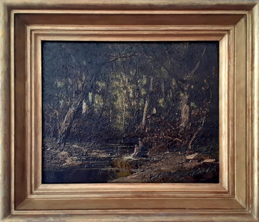 The washerwomen: mysterious chiaroscuro French Barbizon forest landscape oil on panel