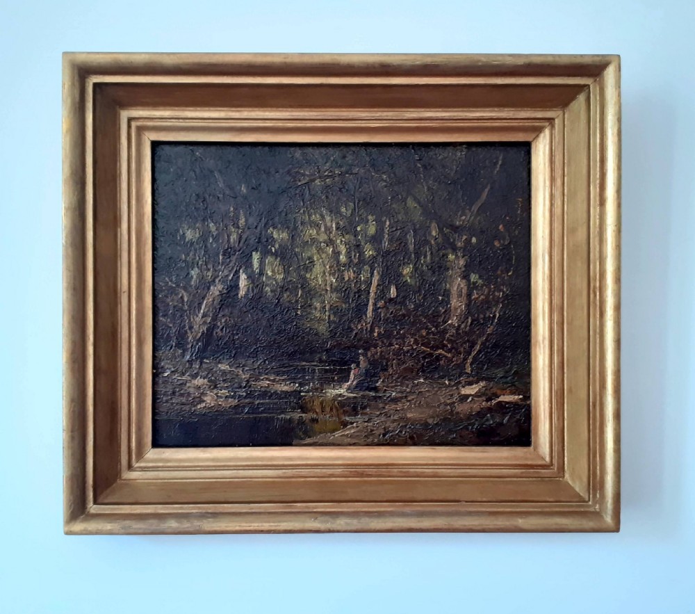 The washerwomen: mysterious chiaroscuro French Barbizon forest landscape oil on panel View III
