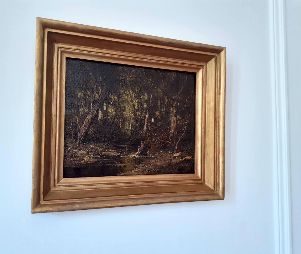 The washerwomen: mysterious chiaroscuro French Barbizon forest landscape oil on panel View IV
