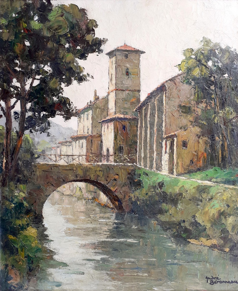 The South of France, Pyrenean hillside town landscape Basque country medieval Saint Jean Pied de Port by André Beronneau oil on canvas