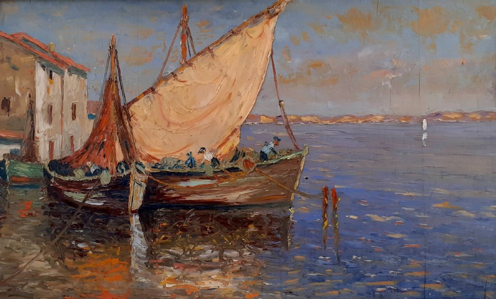 Cote d'Azur coast, boats at Martigues, the Venice of Provence, circa 1920, southern French oil on board