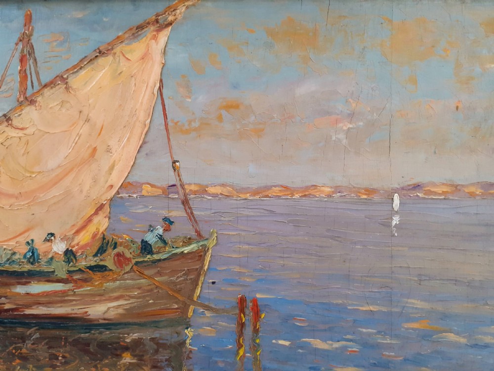 Cote d'Azur coast, boats at Martigues, the Venice of Provence, circa 1920, southern French oil on board View III