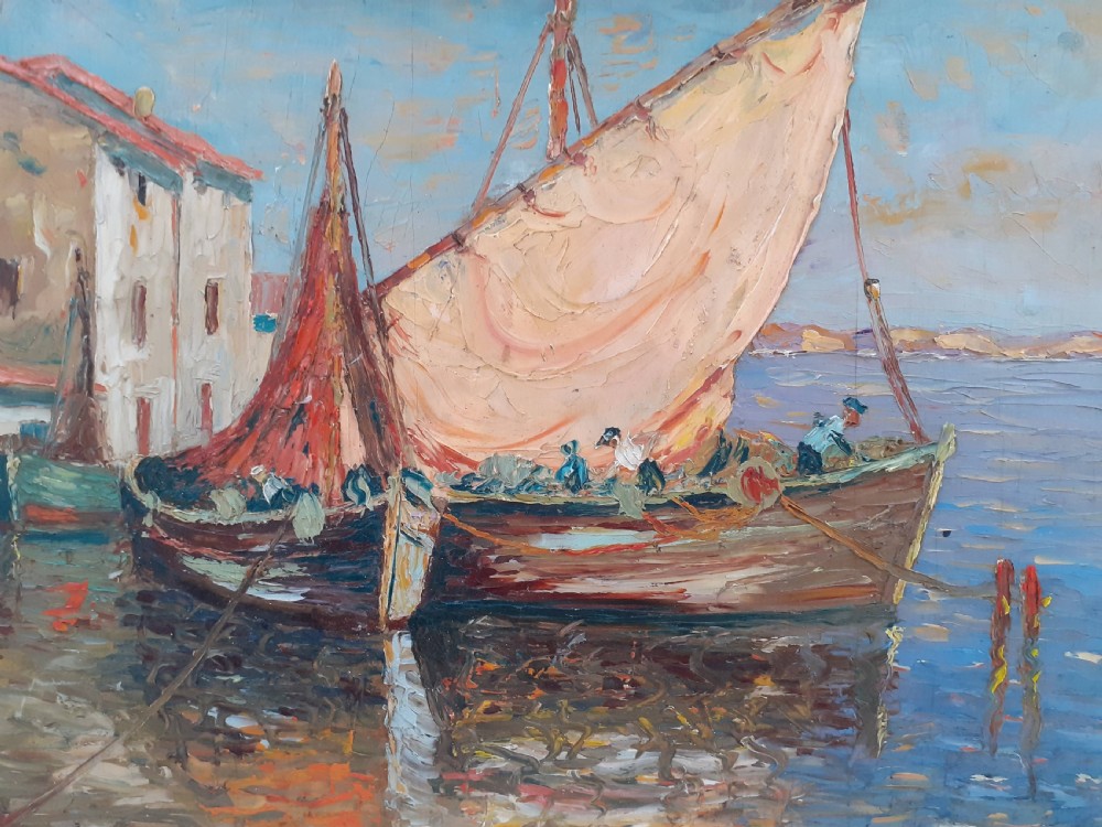 Cote d'Azur coast, boats at Martigues, the Venice of Provence, circa 1920, southern French oil on board View IV