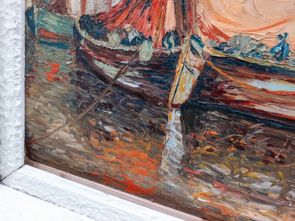 Cote d'Azur coast, boats at Martigues, the Venice of Provence, circa 1920, southern French oil on board View V