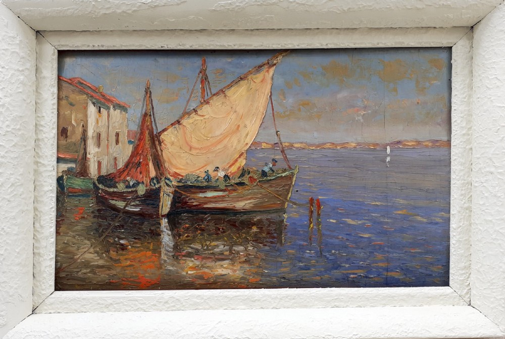 Cote d'Azur coast, boats at Martigues, the Venice of Provence, circa 1920, southern French oil on board View VI