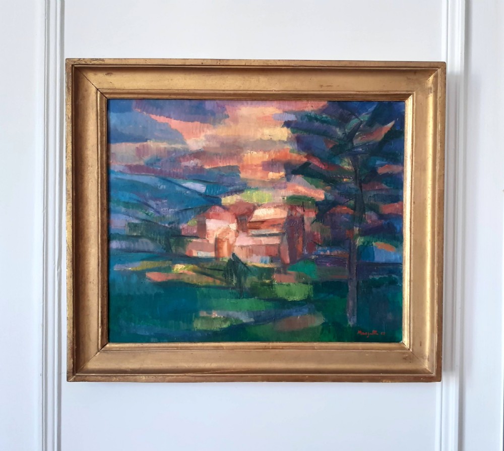 Cezannian colourist Masterpiece: Mediterranean village bathed in light: French cubist oil on canvas View VII
