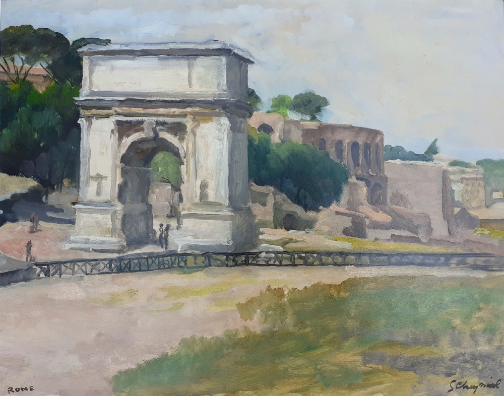 Rome, Colosseum and Titus Arch, 1932 art deco period oil on paper by French Georges Cheyssial