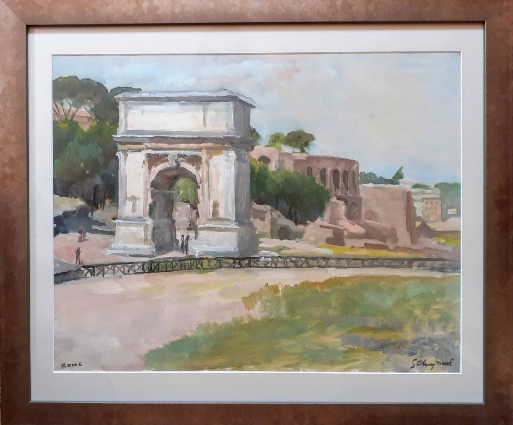 Rome, Colosseum and Titus Arch, 1932 art deco period oil on paper by French Georges Cheyssial View II