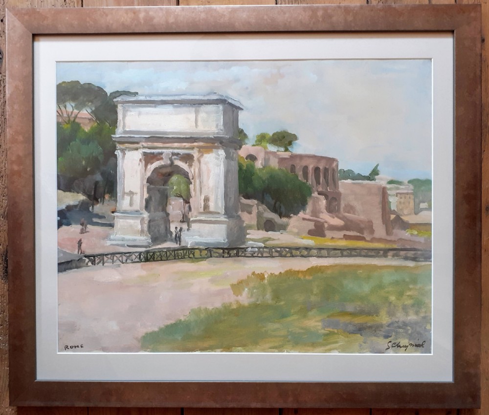 Rome, Colosseum and Titus Arch, 1932 art deco period oil on paper by French Georges Cheyssial View IV