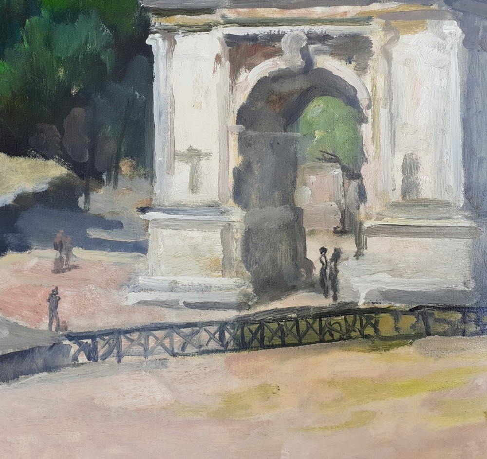 Rome, Colosseum and Titus Arch, 1932 art deco period oil on paper by French Georges Cheyssial View VI