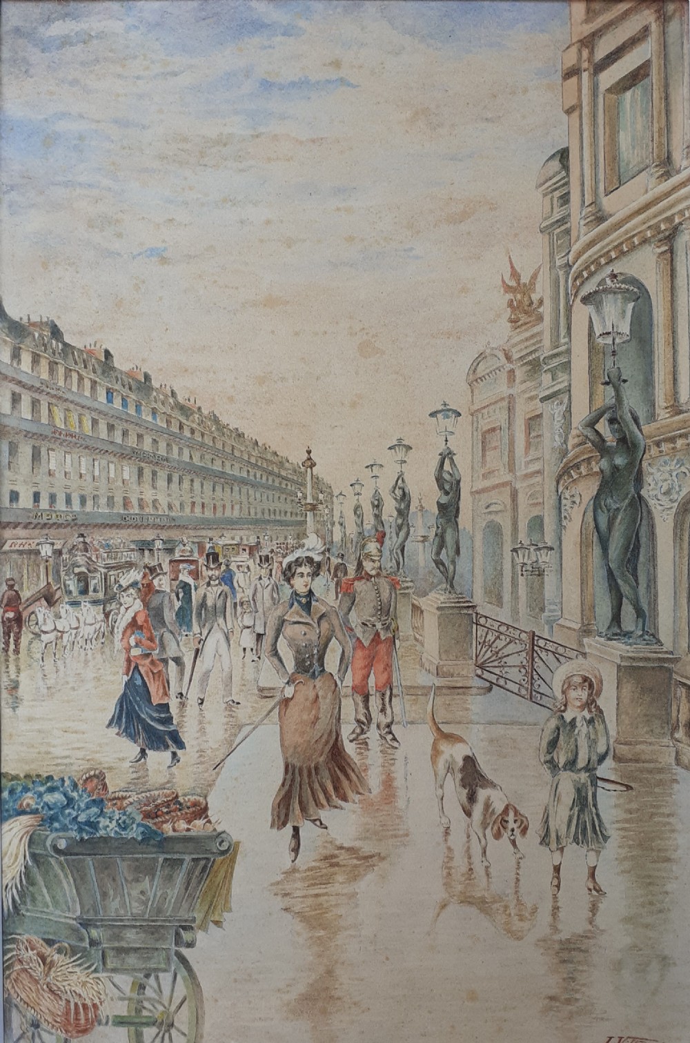 Promenading in Paris: bustling street scene Belle Epoque art nouveau period watercolour