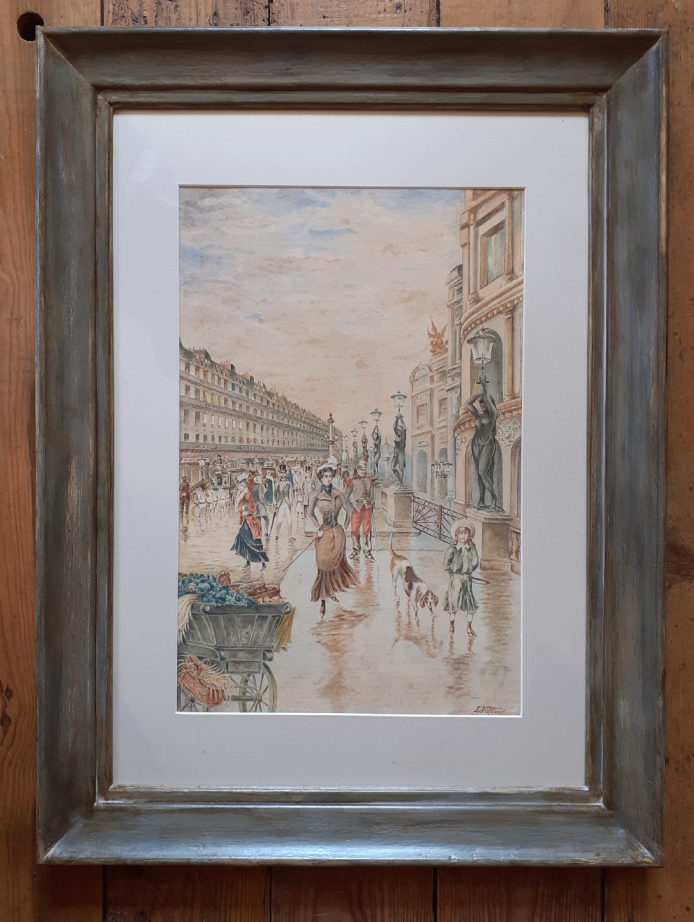 Promenading in Paris: bustling street scene Belle Epoque art nouveau period watercolour View III