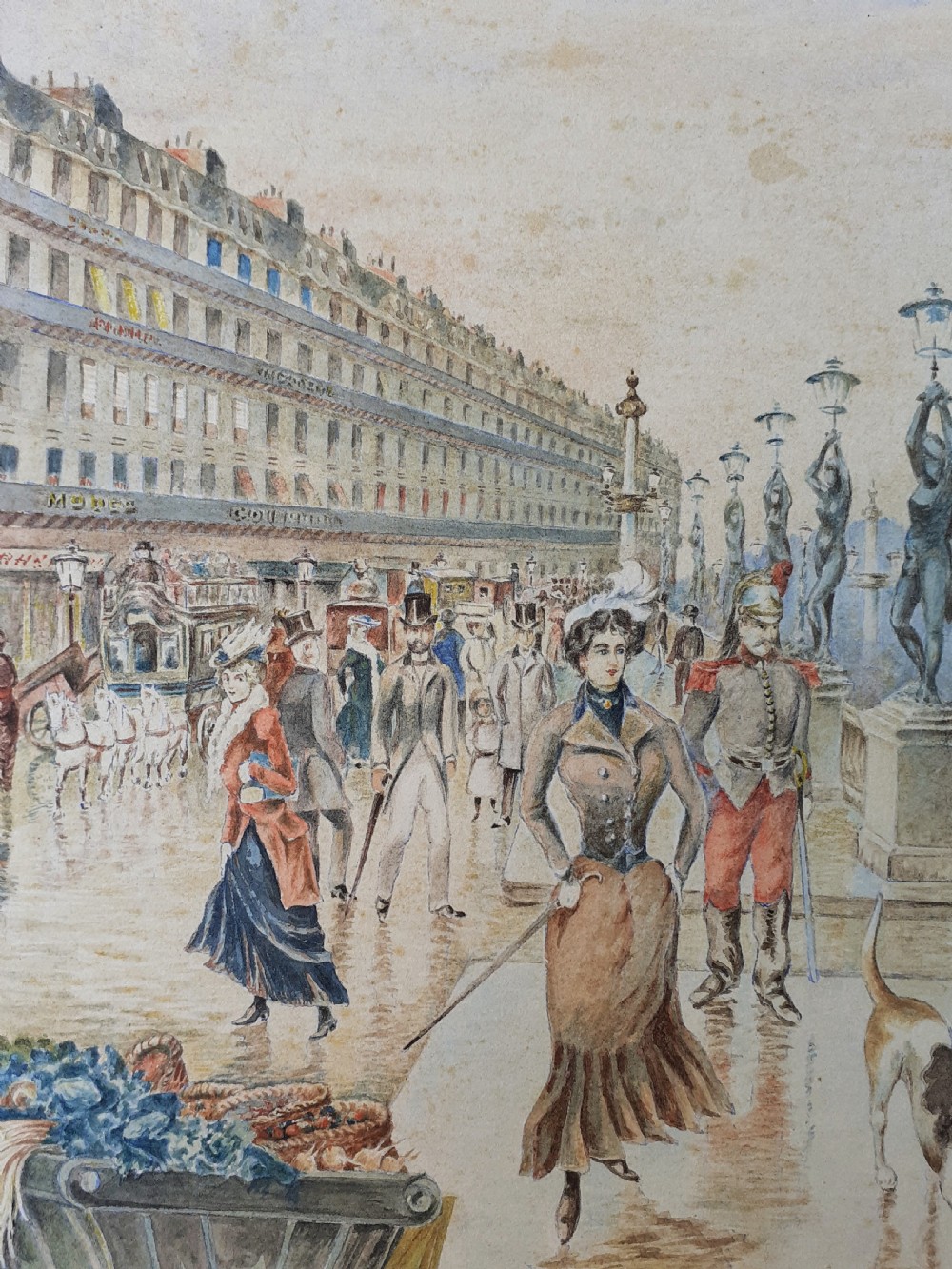 Promenading in Paris: bustling street scene Belle Epoque art nouveau period watercolour View IV