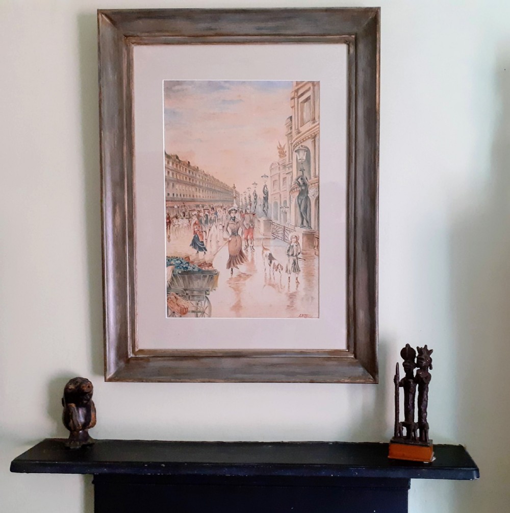 Promenading in Paris: bustling street scene Belle Epoque art nouveau period watercolour View V