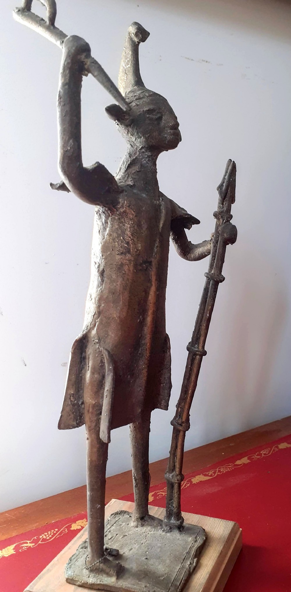 Antique African Ashante Ashanti bronze alloy sculpture with remains of gilding warrior or chief figure with attributes