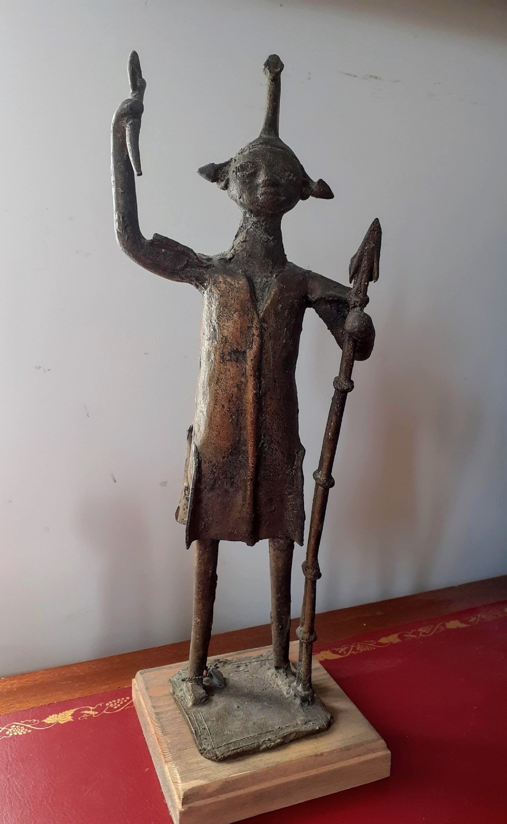 Antique African Ashante Ashanti bronze alloy sculpture with remains of gilding warrior or chief figure with attributes View V
