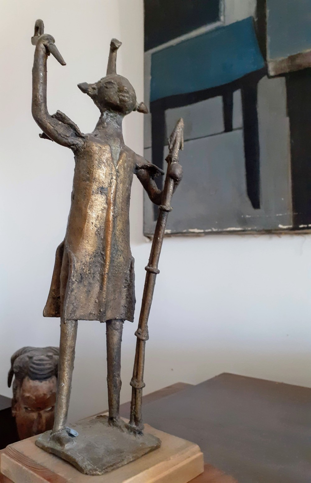 Antique African Ashante Ashanti bronze alloy sculpture with remains of gilding warrior or chief figure with attributes View VI