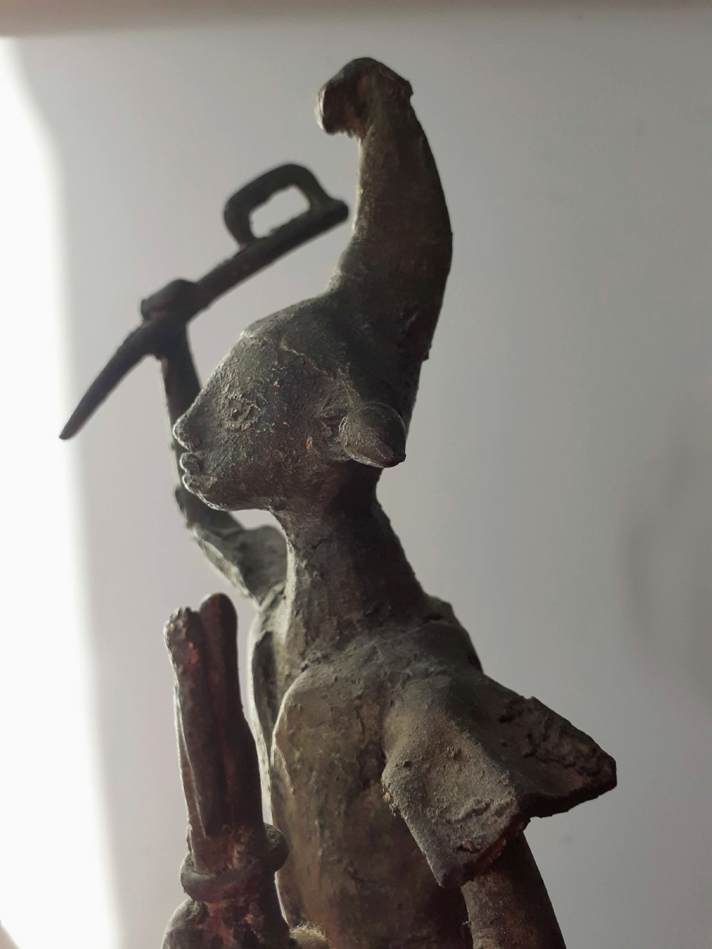 Antique African Ashante Ashanti bronze alloy sculpture with remains of gilding warrior or chief figure with attributes View VIII