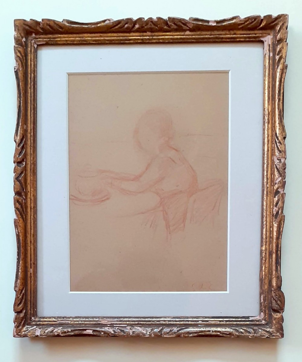 The seated girl, red chalk drawing sketch by major French post impressionist Georges D'Espagnat (1870-1950)