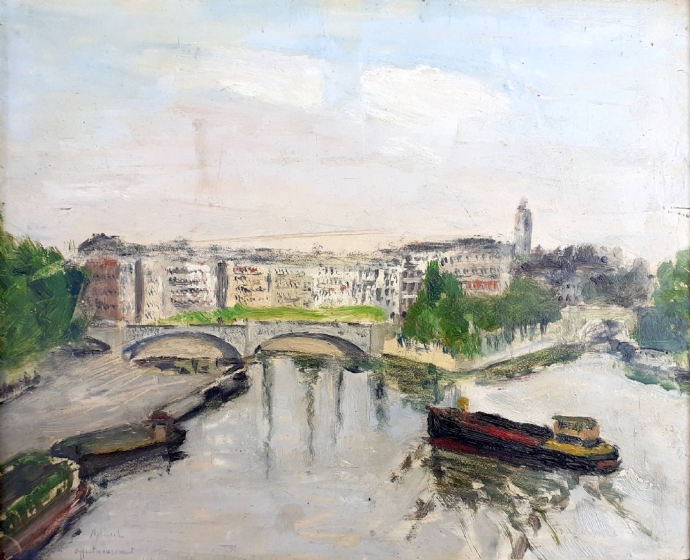 A French Post-Impressionist oil painting on board depicting barges on the River Seine with Parisian architecture in the background.