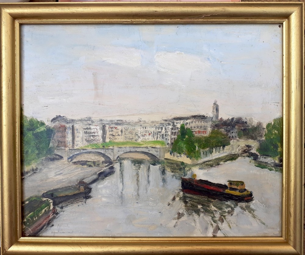 A French Post-Impressionist oil painting on board depicting barges on the River Seine with Parisian architecture in the background. View II