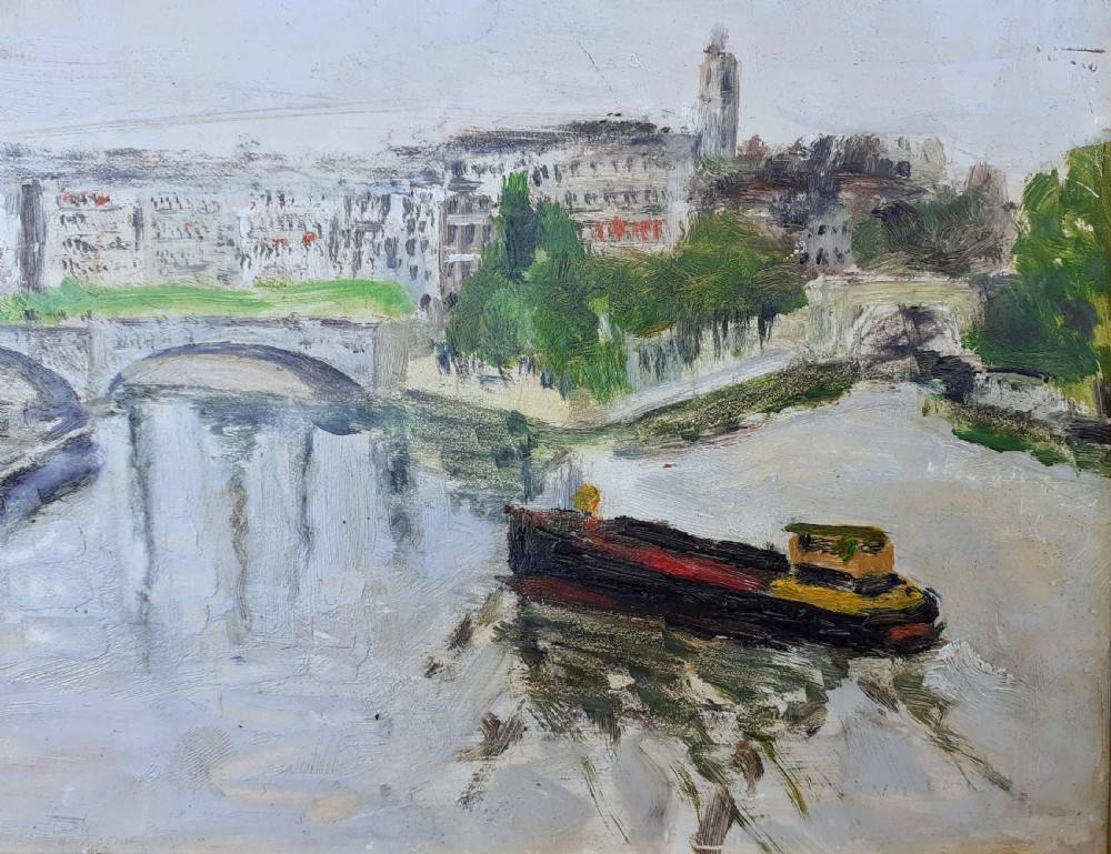 A French Post-Impressionist oil painting on board depicting barges on the River Seine with Parisian architecture in the background. View III