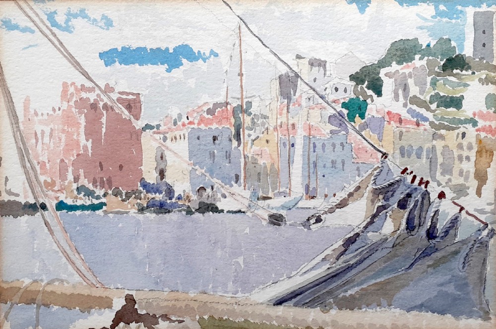 Mediterranean harbour, French Riviera Cote d'Azur, view from a boat, antique watercolour on paper View IV